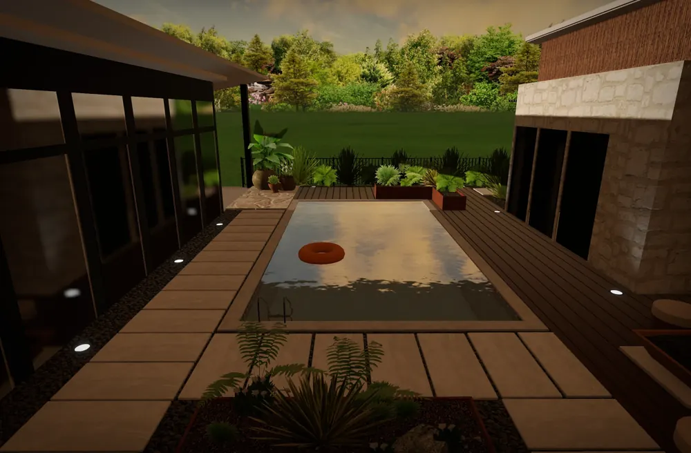 Lighting design visualization of an outdoor courtyard