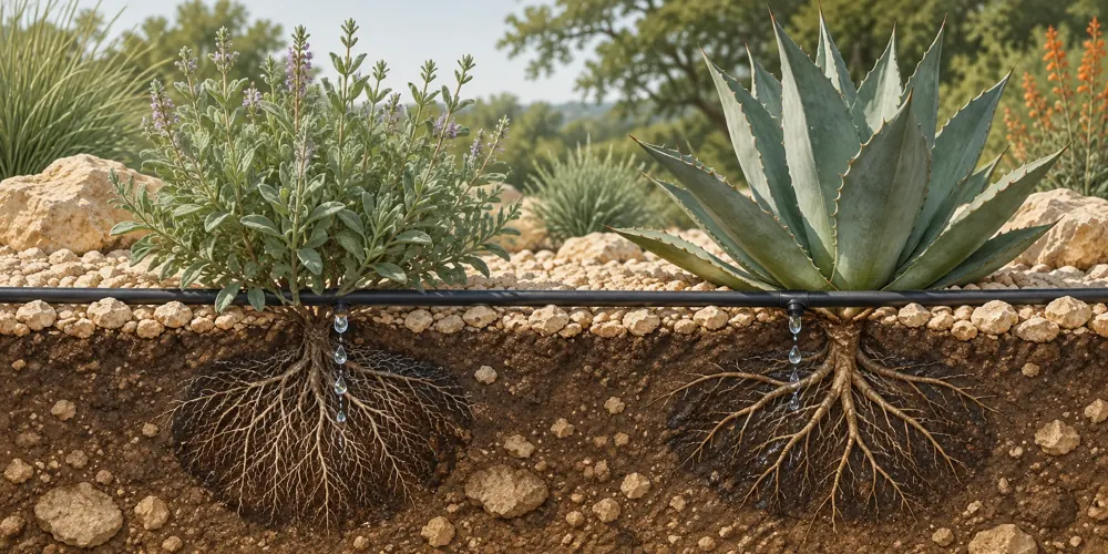 Illustration of drip irrigation delivering water near plant roots