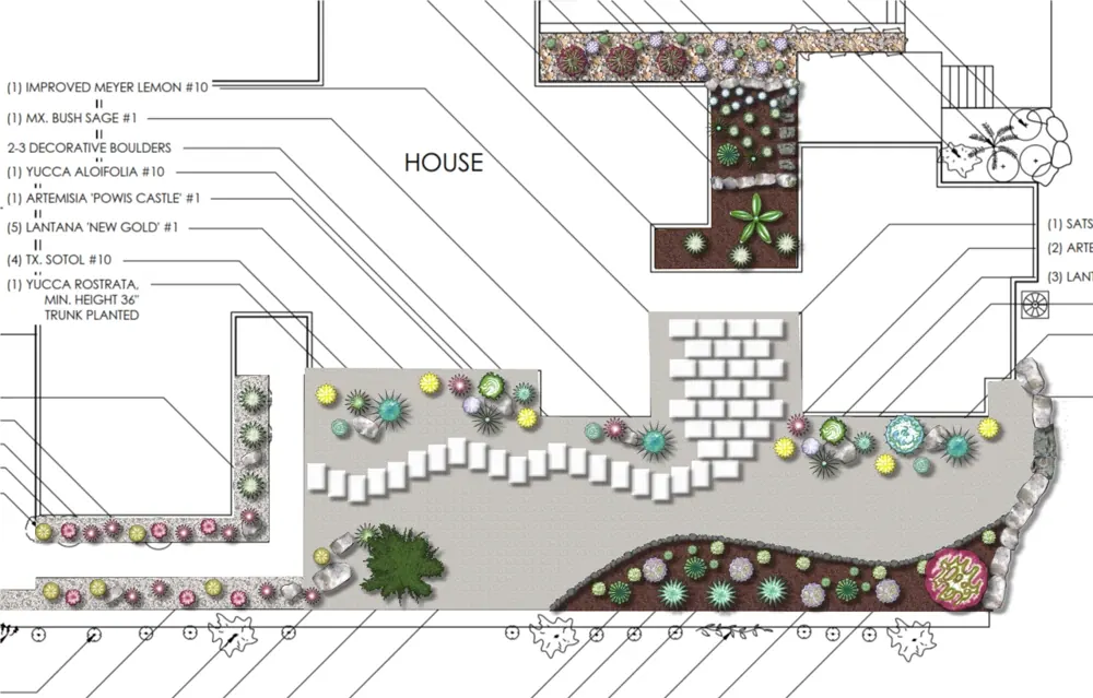 Solstice 2D landscape design showing paths and planting beds
